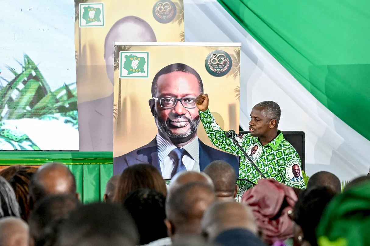 Calice Yapo Yapo, secrétaire exécutif du PDCI, lors des célébrations du 80e anniversaire du parti, le 9 avril 2026 à Abidjan.© Issouf SANOGO/AFP