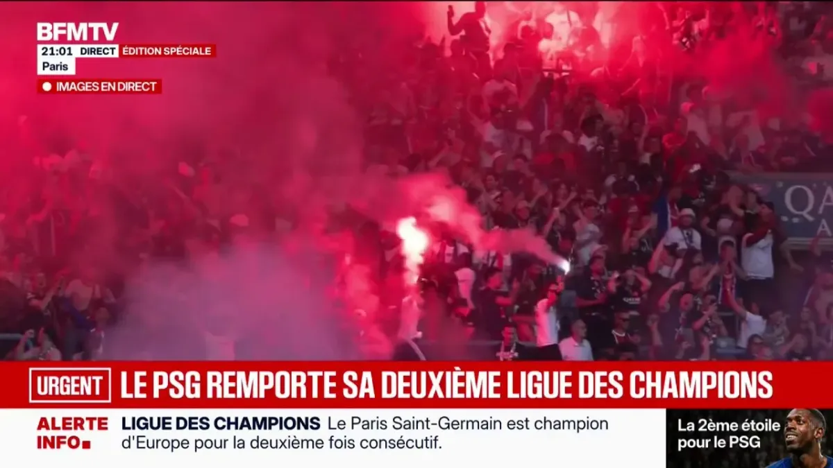 Paris et la tour eiffel illuminées pour célébrer la victoire du psg en ligue des champions