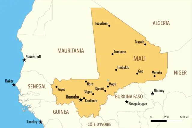 Carte détaillée du Mali mettant en avant les villes clés comme Gao, Tombouctou et Kidal