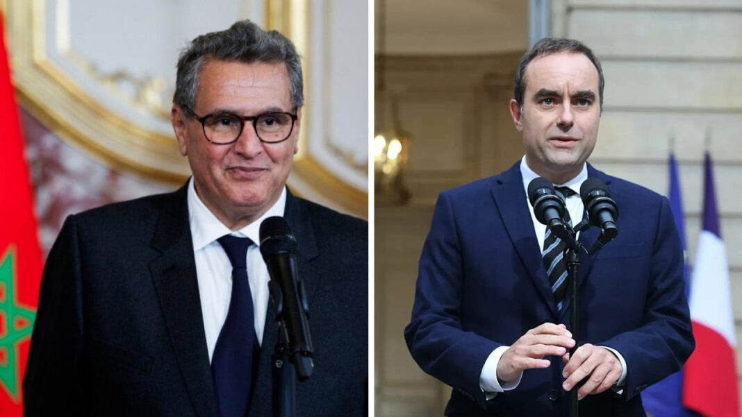 Le ministre marocain Aziz Akhannouch et son homologue français Sébastien Lecornu lors d'une réunion diplomatique