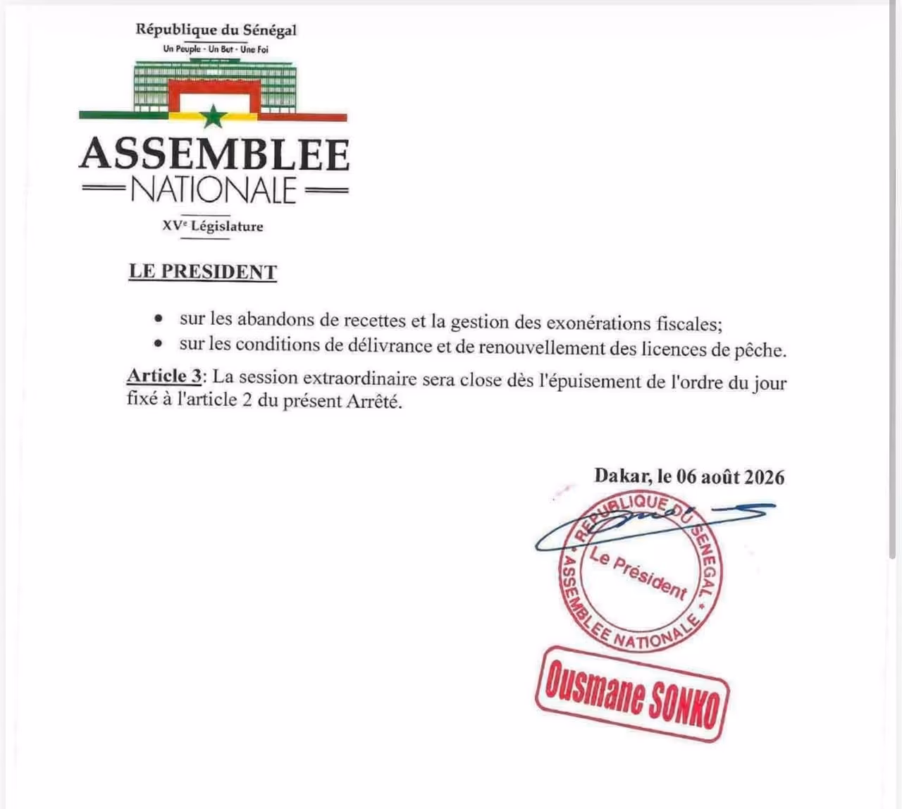 Réunion de l'Assemblée nationale convoquée par Ousmane Sonko