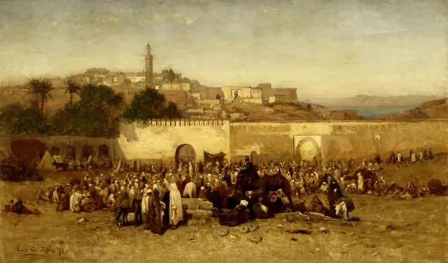 Vue d'un marché animé de Tanger au XIXe siècle, illustrant les échanges commerciaux entre l'Afrique et l'Europe.